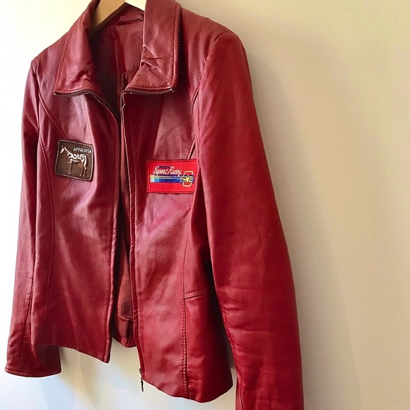 Red leather biker jacket vintage racing varsity patches moto motorcycle … - Picture 4 of 11